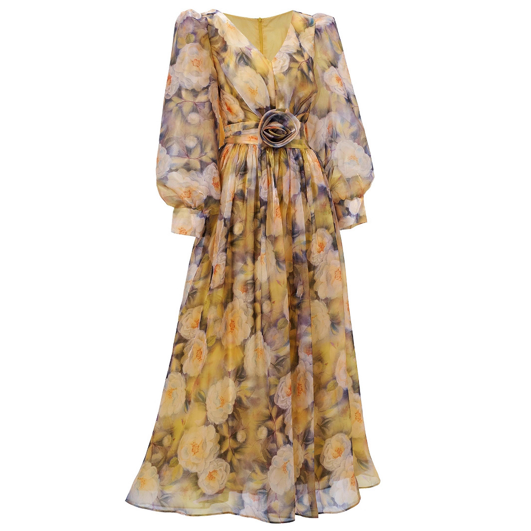Yellow Floral Print Chiffon Maxi Dress | V-Neck Long Puff Sleeve Gown with 3D Waist Flower Detail | Elegant Retro Summer Wedding Guest Dress qc21