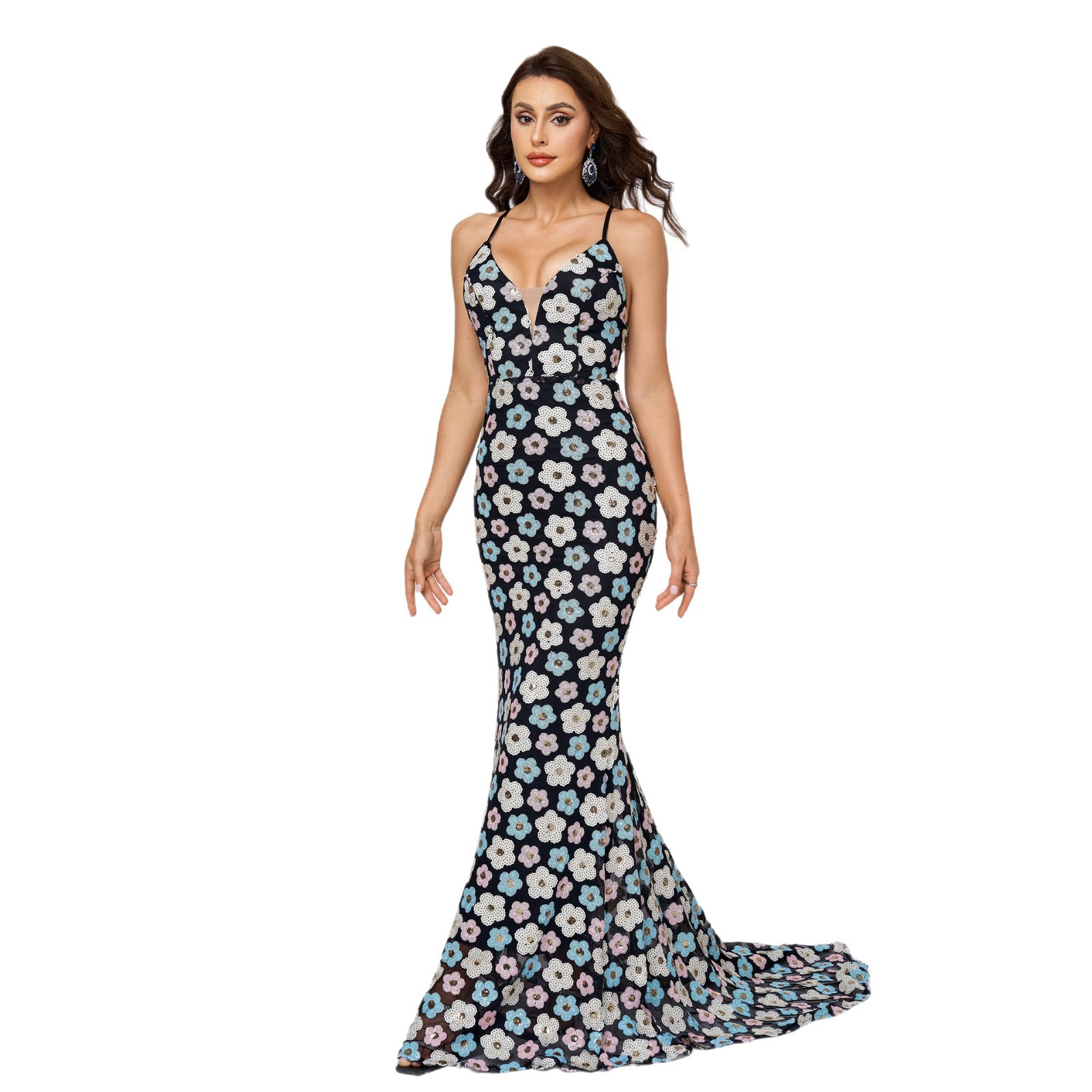 Floral Sequin Mermaid Gown with Crisscross Open Back - Elegant V-Neck Prom Dress rj11061