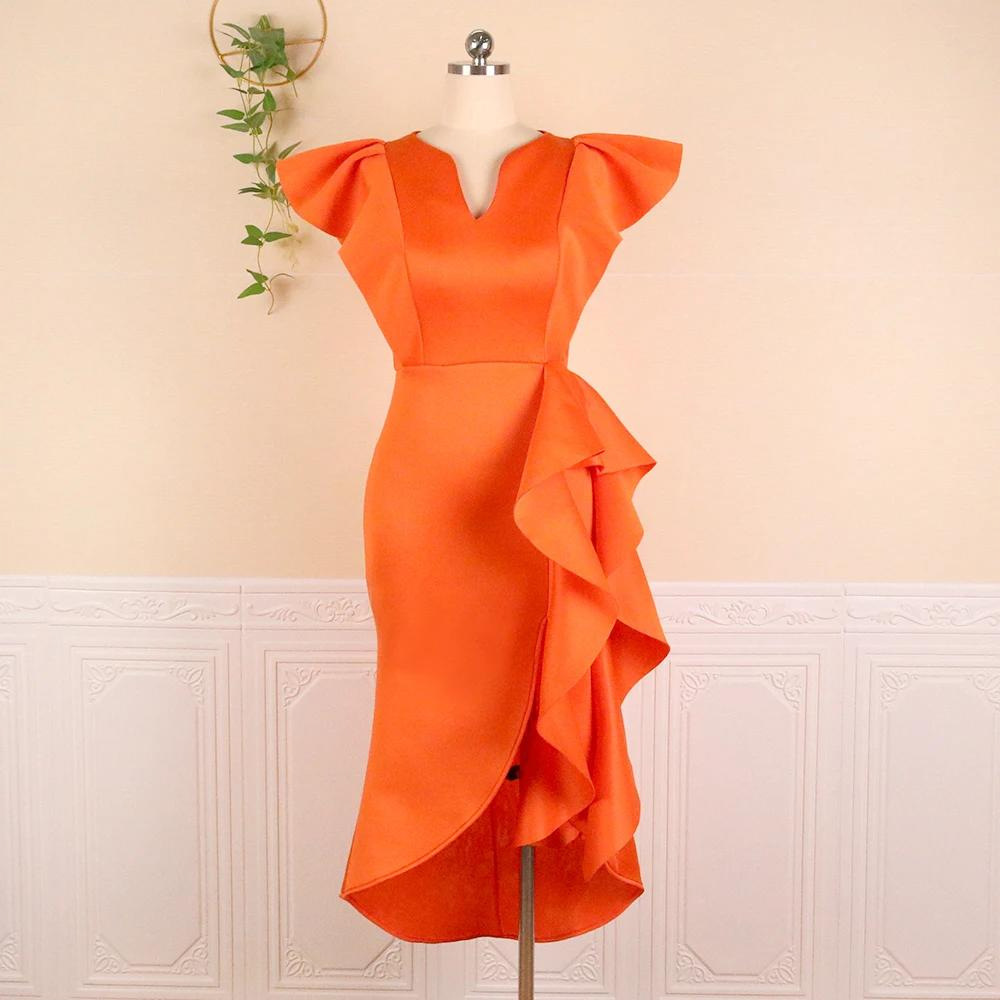 Plus-Sizes High-Low Ruffle Asymmetrical Dress - Elegant V-Neck Formal Sheath Gown with Ruffle Hem AM050505	-UGENA FASHION