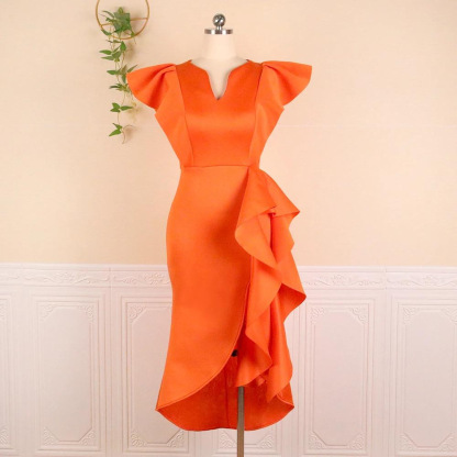 Plus-Sizes High-Low Ruffle Asymmetrical Dress - Elegant V-Neck Formal Sheath Gown with Ruffle Hem AM050505	-UGENA FASHION