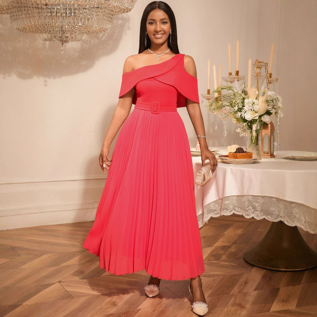 Plus-Sizes Stylish Asymmetric Off-Shoulder Pleated Dress with Belt AM050403	-UGENA FASHION