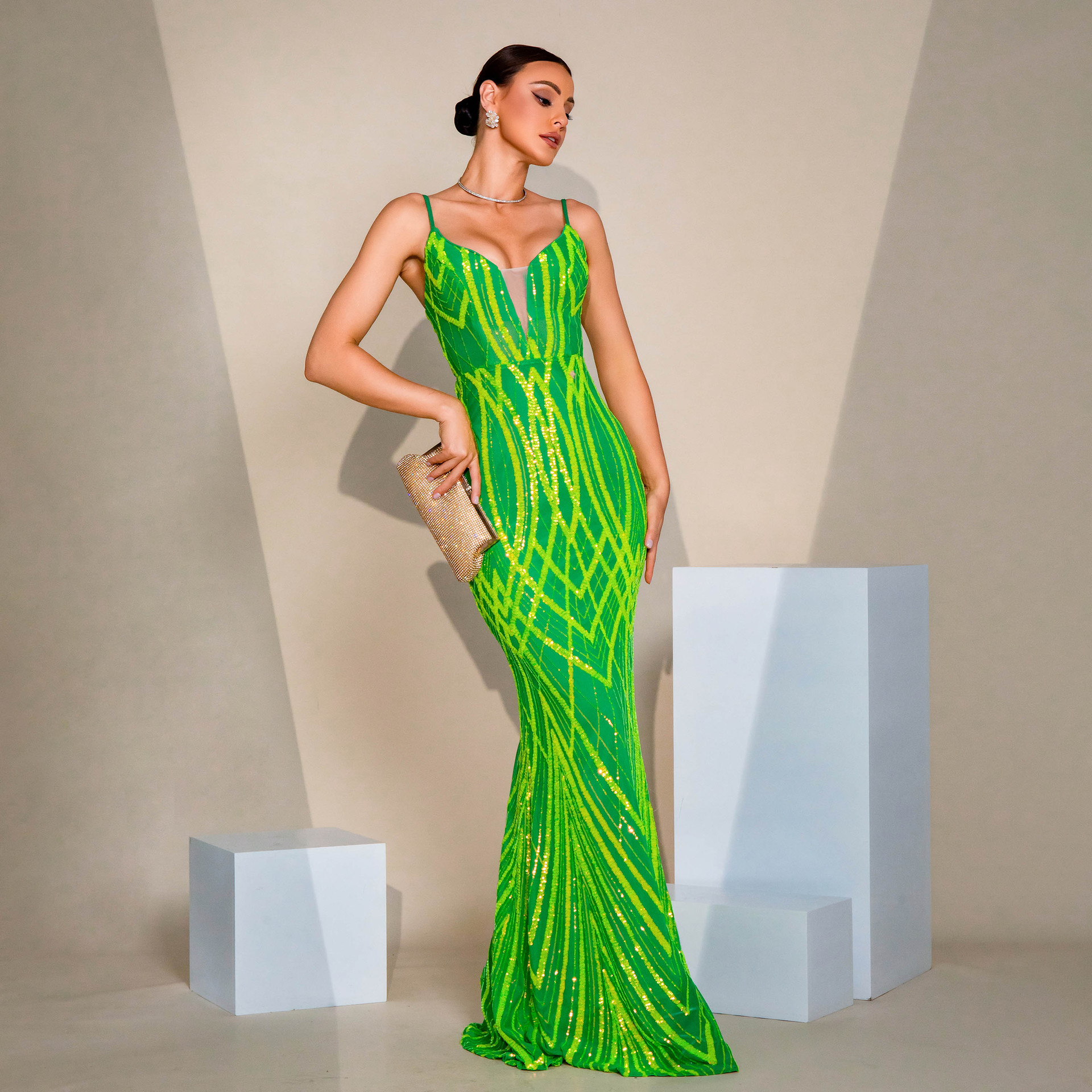 Fluorescent Green Sequin Mermaid Gown with V-Neck & Crisscross Back - Showstopper Prom Dress rj0066