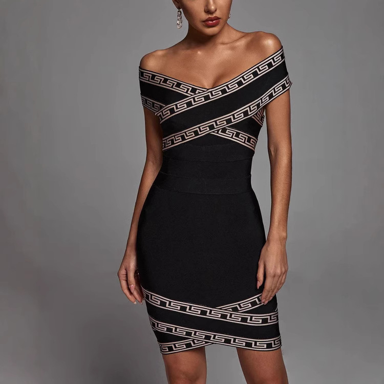 Iconic Greek Key Bandage Bodycon Mini Dress – Off-Shoulder Cross-Front Design BA350
