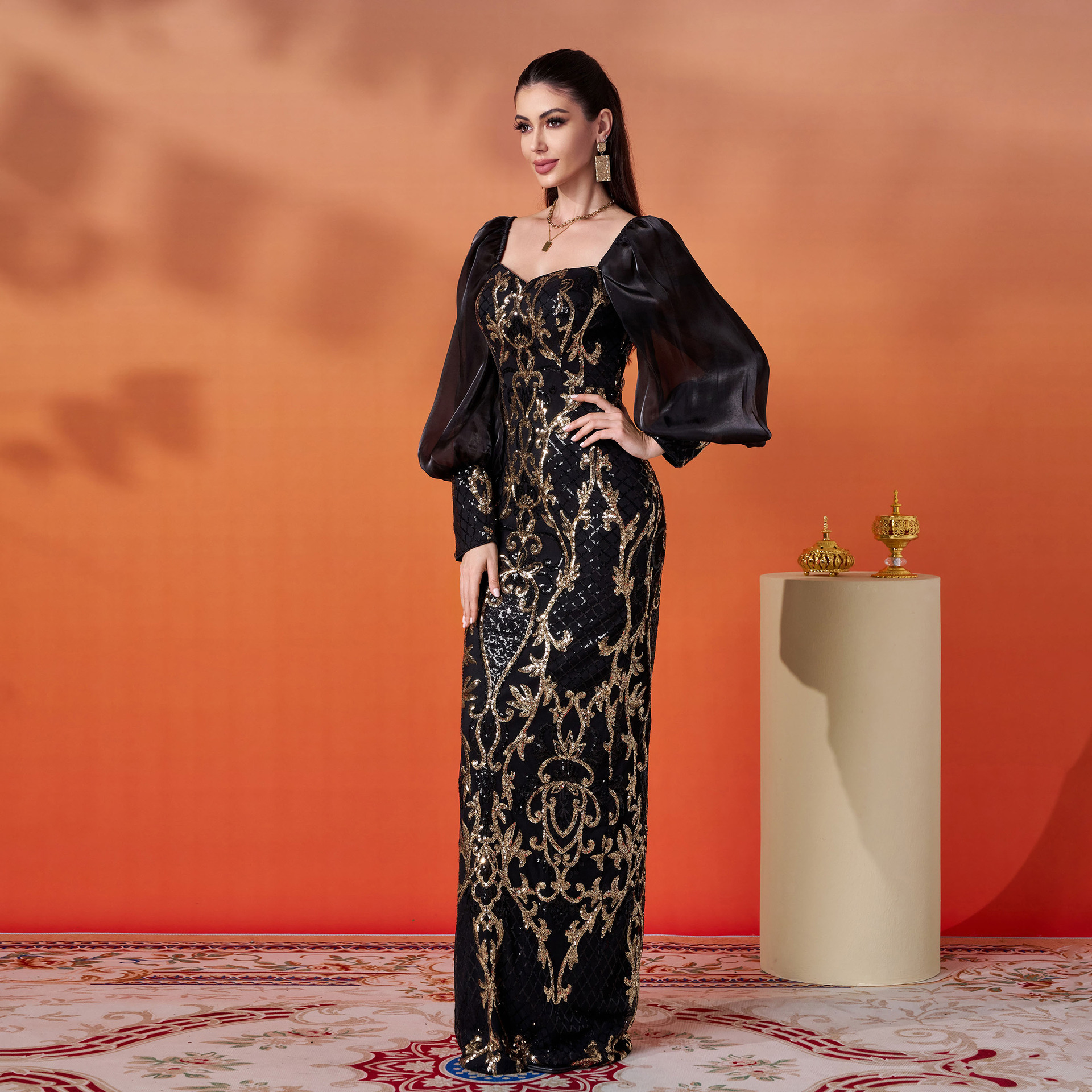 Luxury Black & Gold Sequin Mermaid Gown with Romantic Bishop Sleeves gm00759