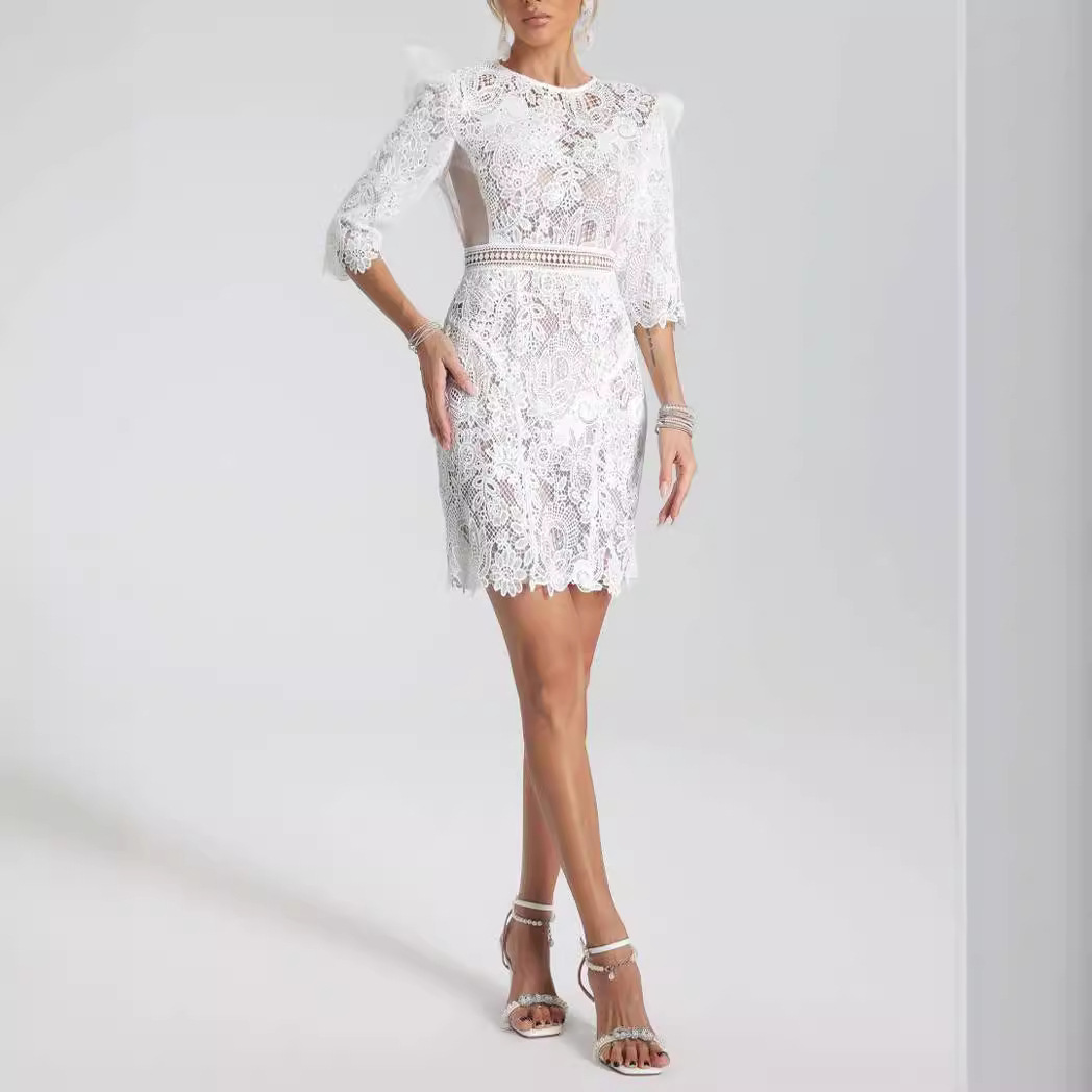 White Guipure Lace Mini Dress - Ruffle Shoulder Sheer Waist Cocktail Dress BA435