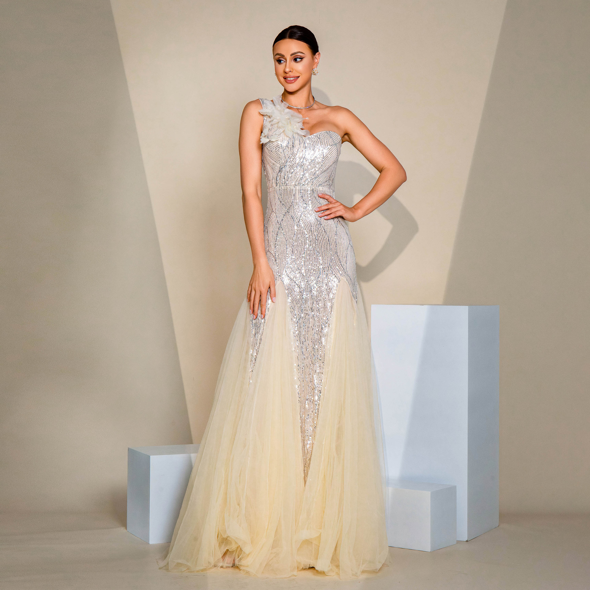 Elegant One Shoulder Sequin Mermaid Evening Gown - Formal Prom & Wedding Guest Dress rh31195