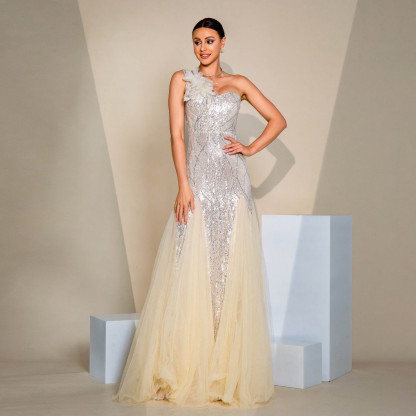 Elegant One Shoulder Sequin Mermaid Evening Gown - Formal Prom & Wedding Guest Dress rh31195