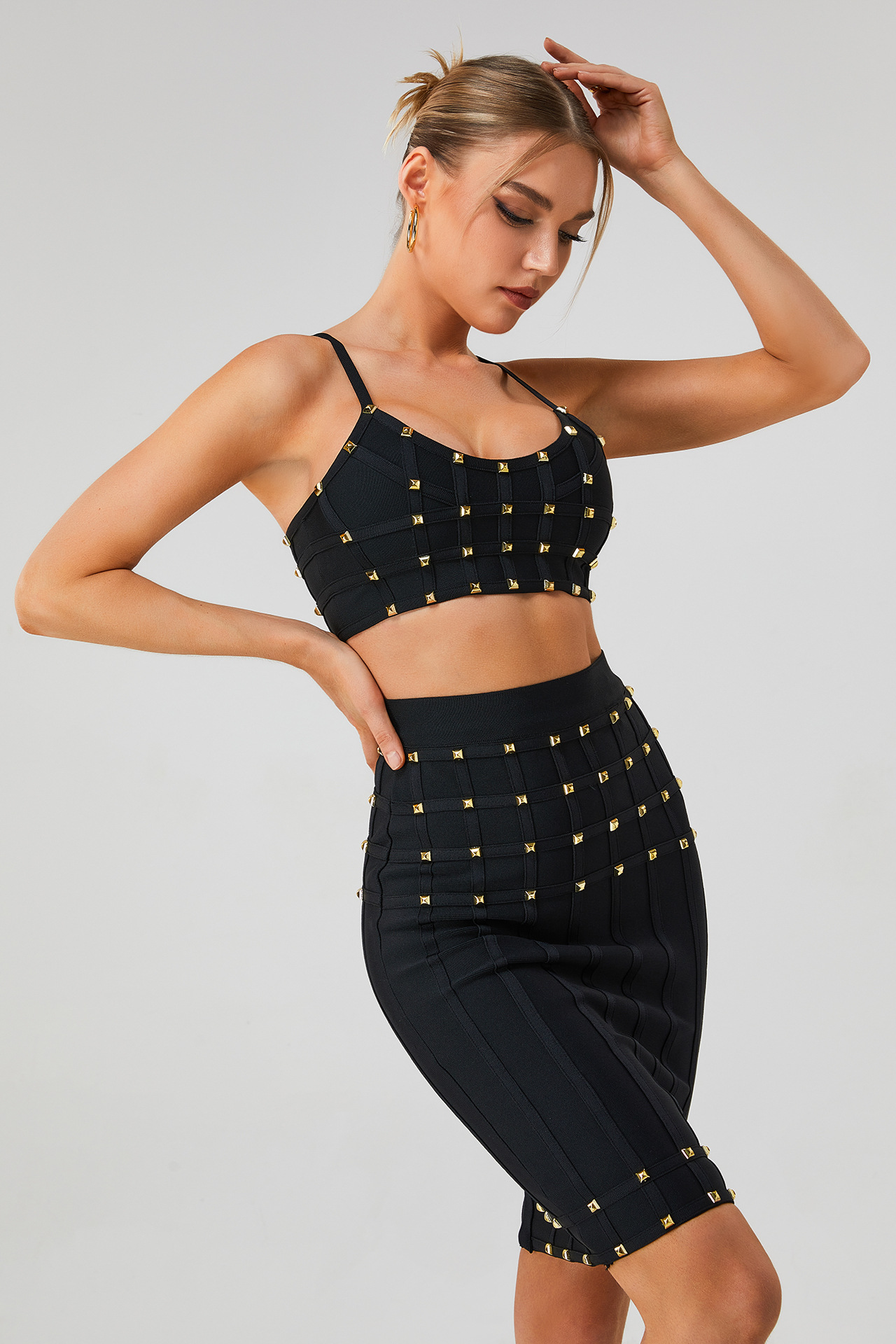White & Gold Studded Bandage Crop Top & Midi Skirt Set - Two Piece Bodycon Clubwear BA363