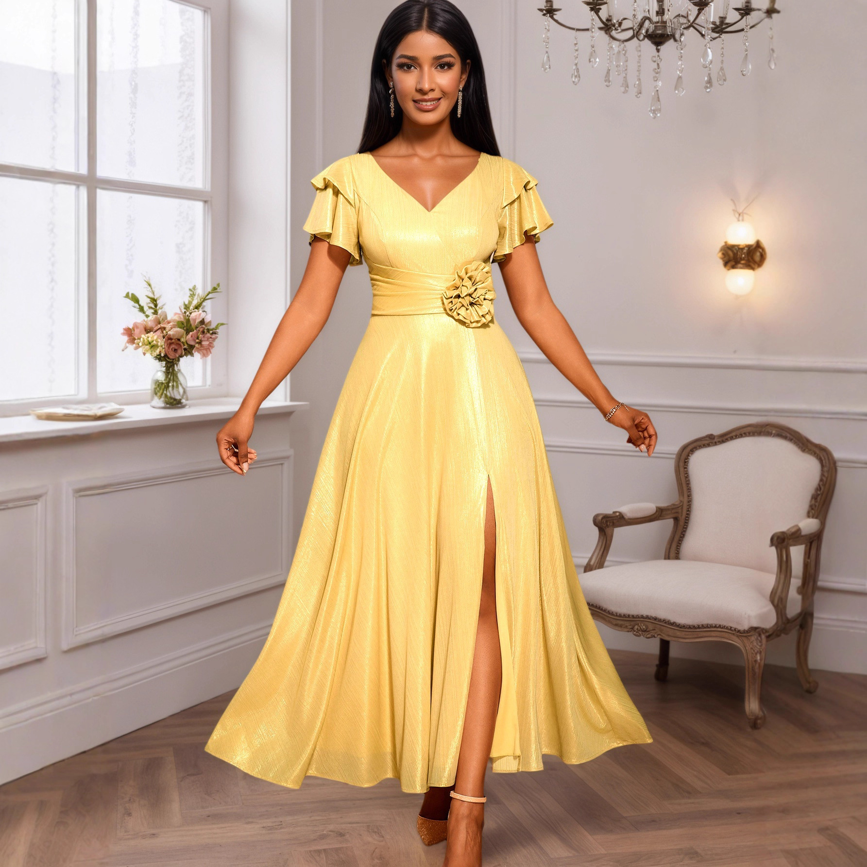 Plus-Sizes Elegant Lurex A-Line Maxi Dress with Ruffle Sleeves AM050408	-UGENA FASHION