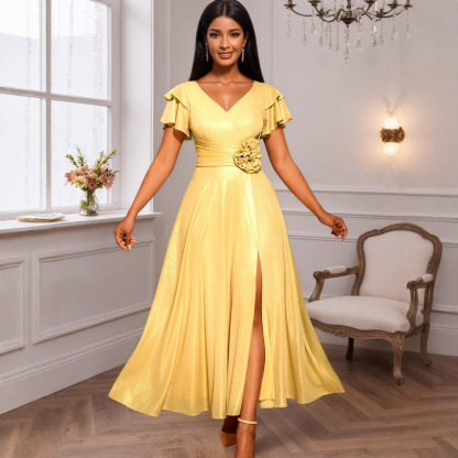 Plus-Sizes Elegant Lurex A-Line Maxi Dress with Ruffle Sleeves AM050408	-UGENA FASHION