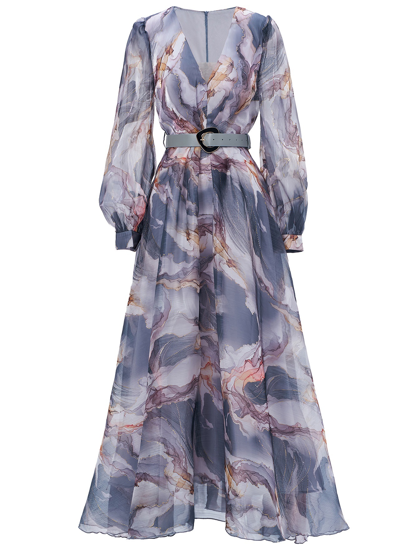 Marbled Print Chiffon Maxi Dress with Belt | Yellow V-Neck Balloon Long Sleeve Flowy Gown | Elegant Summer/Formal Occasion Wear qc18