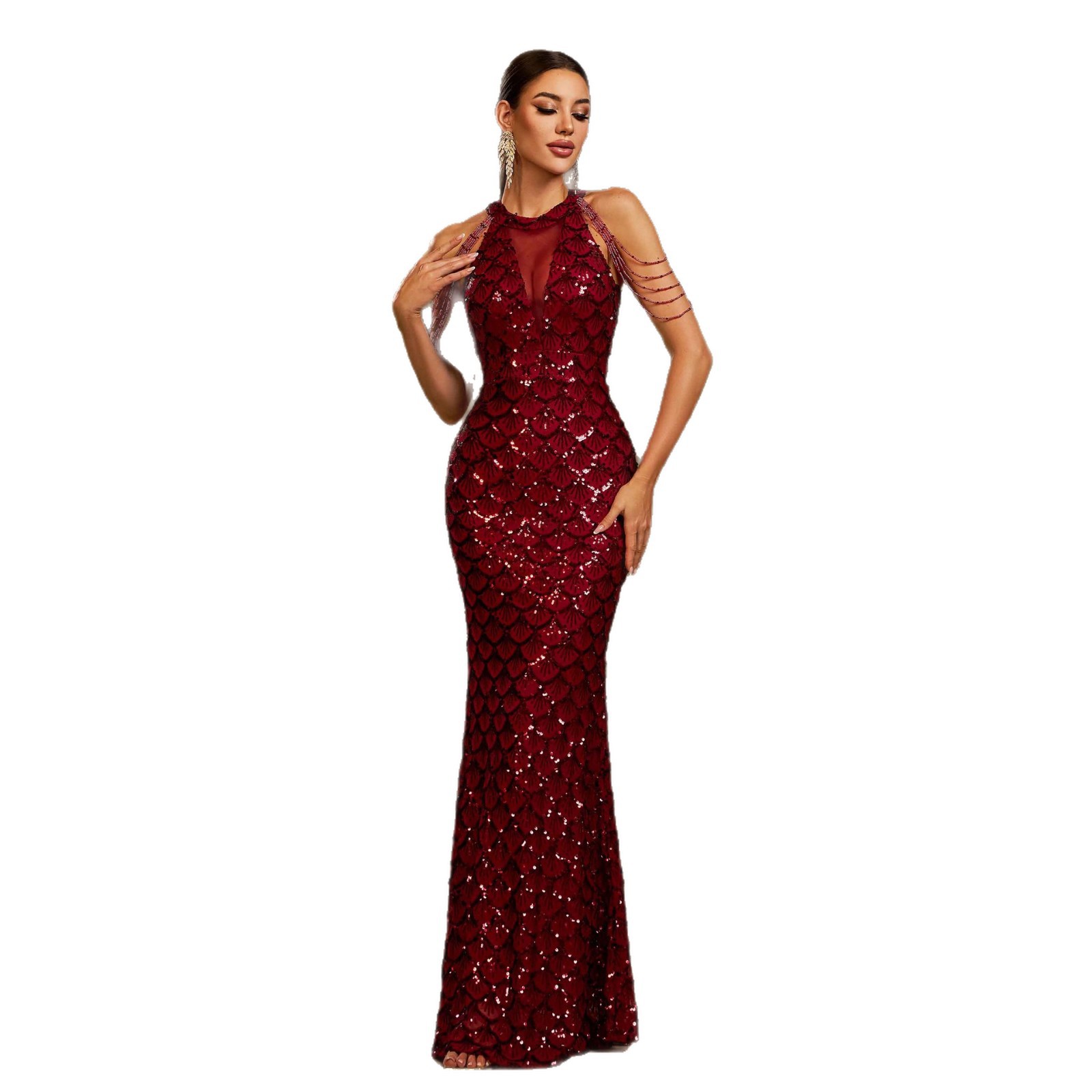 Luxury Wine Red Sequin Mermaid Gown - Beaded Chain Shoulder Formal Dress gm90163