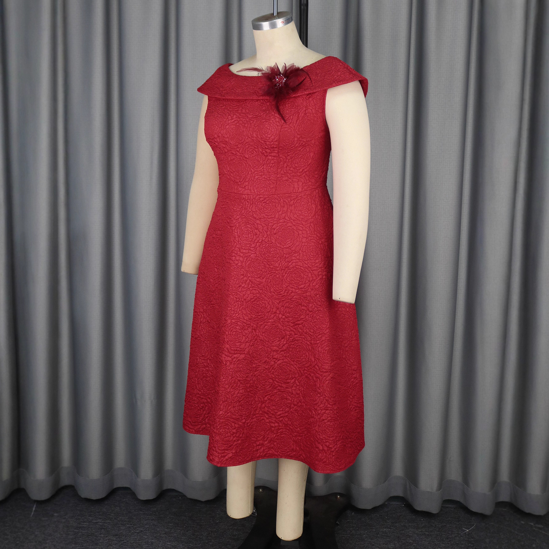 Plus-Sizes Elegant Red Off-Shoulder Midi Dress with Floral Brocade Texture - Perfect for Parties & Special Occasions AM050233	-UGENA FASHION