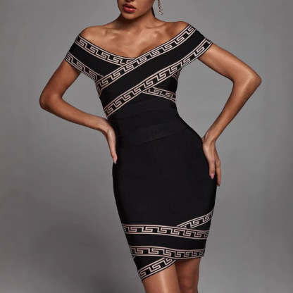Iconic Greek Key Bandage Bodycon Mini Dress – Off-Shoulder Cross-Front Design BA350