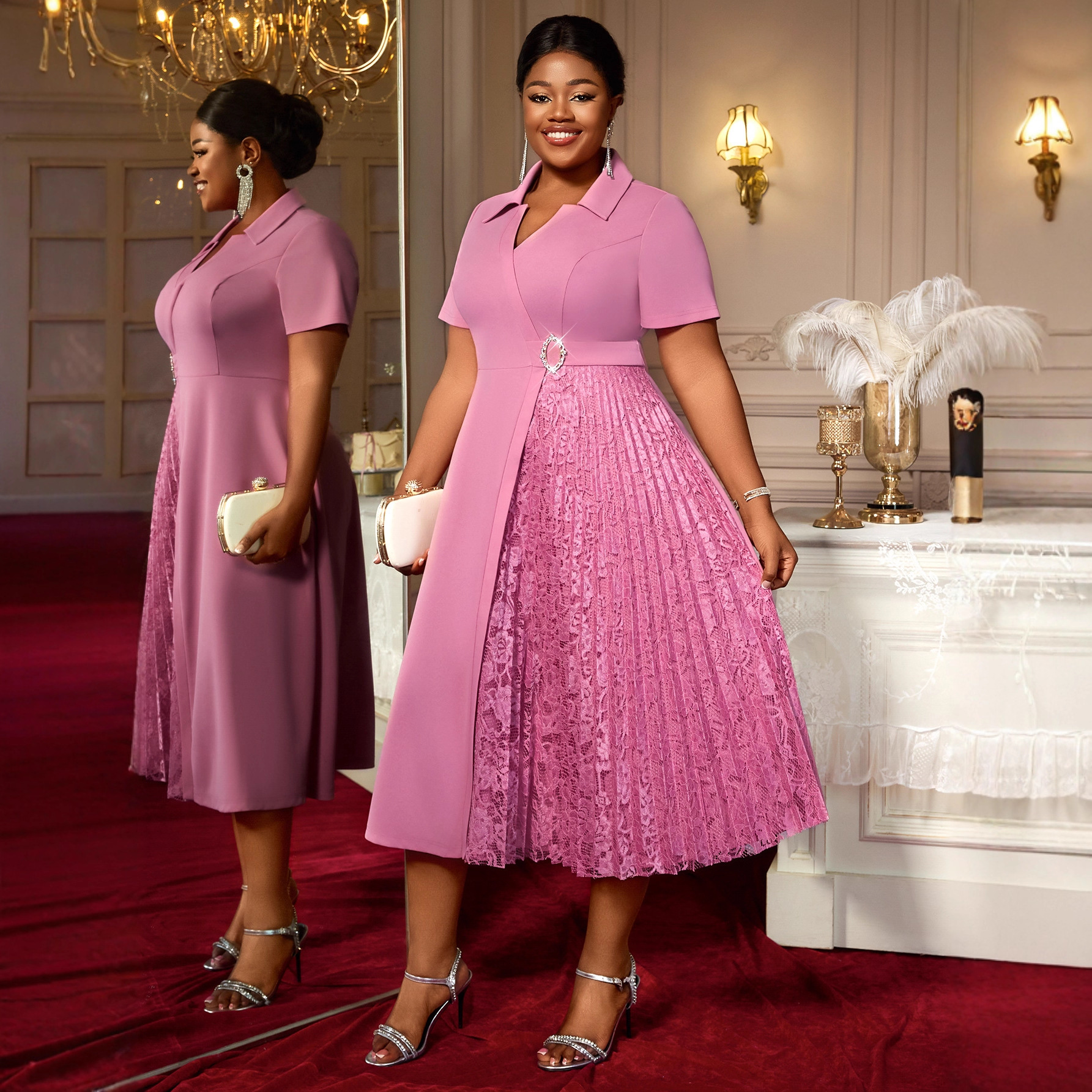 Plus-Sizes Chic A-Line Dress with Pleated Lace Skirt - Elegant Formal Wear AM050511	-UGENA FASHION