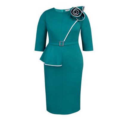 Plus-Sizes  Chic Peplum Pencil Dress with 3D Flower Detail AM041226	-UGENA FASHION