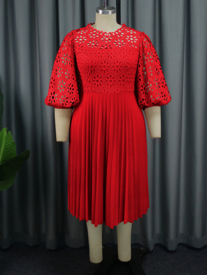 Plus-Sizes Elegant Eyelet Lace & Pleated Chiffon Dress AM030904 	-UGENA FASHION