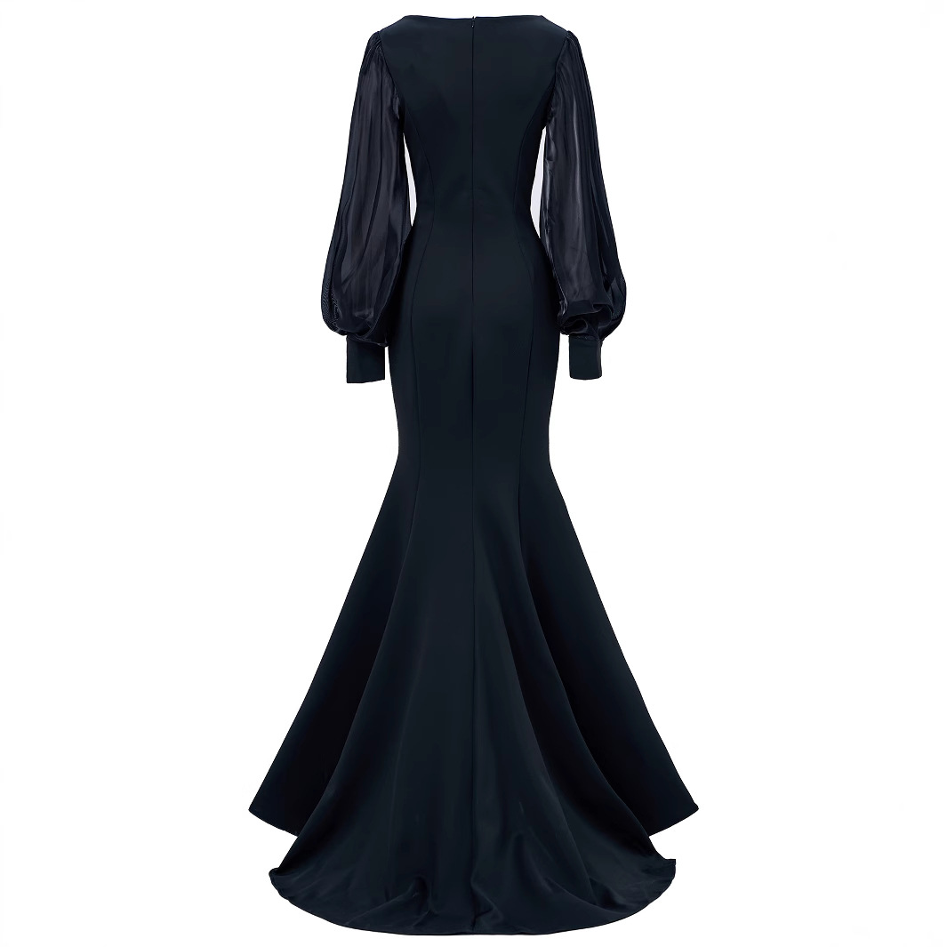 Black Statement Puff Sleeve Mermaid Gown | Beaded V-Neck Illusion Formal Dress qc15
