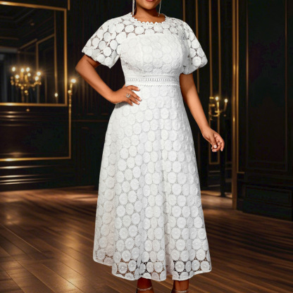 Plus-Sizes Elegant White Hollow-Out Lace Midi Dress - Perfect for Weddings, Receptions & Bridal Showers AM050348	-UGENA FASHION
