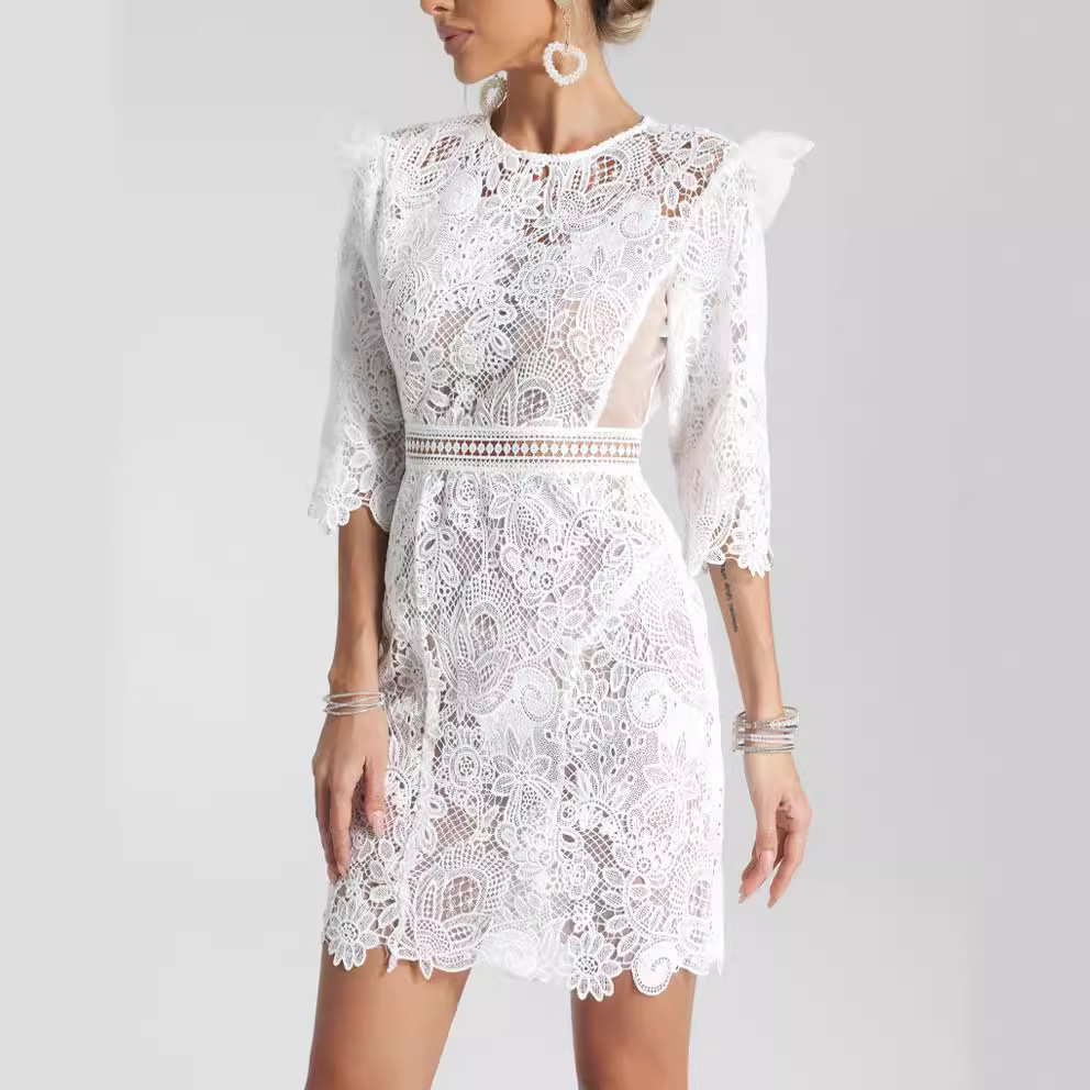 White Guipure Lace Mini Dress - Ruffle Shoulder Sheer Waist Cocktail Dress BA435