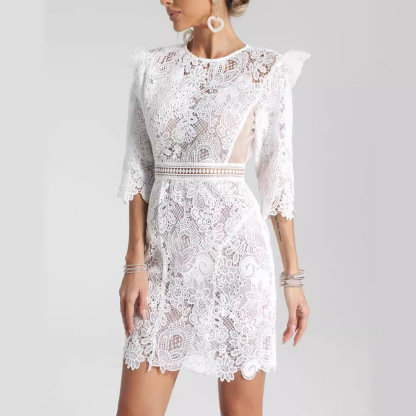 White Guipure Lace Mini Dress - Ruffle Shoulder Sheer Waist Cocktail Dress BA435