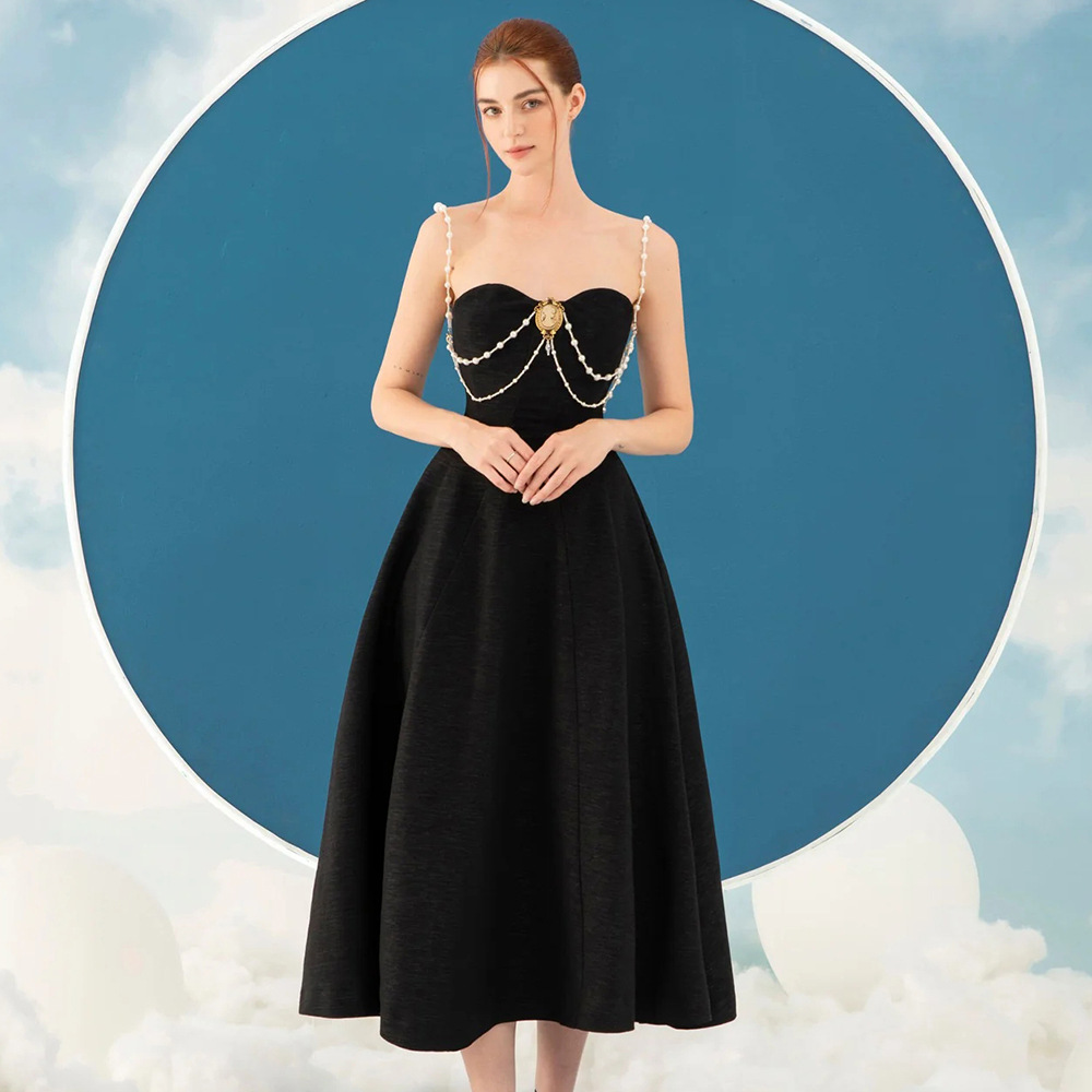 Elegant Black Midi Dress with Pearl Straps - Vintage Sweetheart Neckline Cocktail Gown for Women Z0026