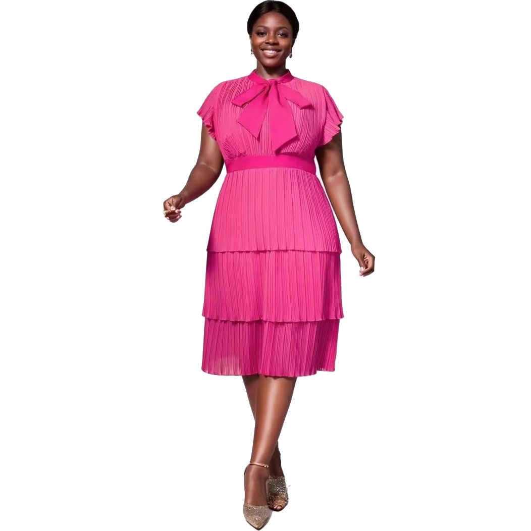 Plus-Sizes Women's Elegant Pink Pleated Tiered Midi Dress with Bow AM050410	-UGENA FASHION