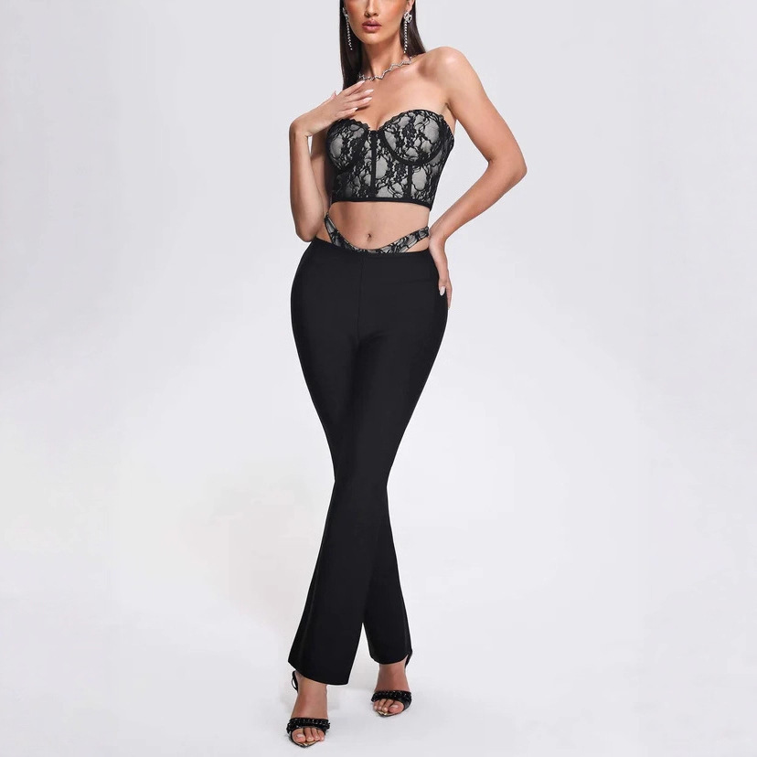 Sexy Black Lace Corset Crop Top & Cutout Bandage Flare Pants Set - Clubwear | Y2K Fashion BA356