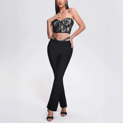 Sexy Black Lace Corset Crop Top & Cutout Bandage Flare Pants Set - Clubwear | Y2K Fashion BA356