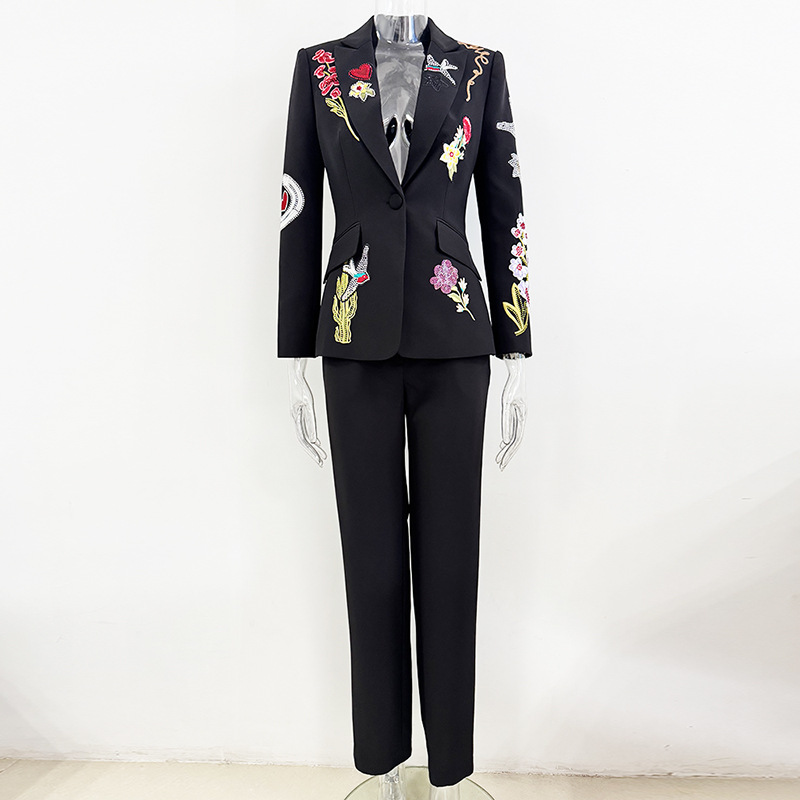 In Stock 2025 European and American Celebrity Fashion New Heavy Beaded Embroidered Blazer and Pants Set Two-Piece Set