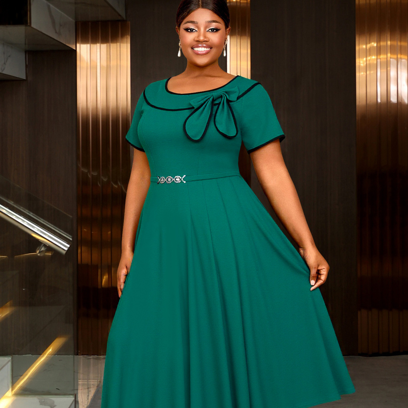 Plus-Sizes Elegant  Midi Dress with Pleated Skirt AM050530	-UGENA FASHION