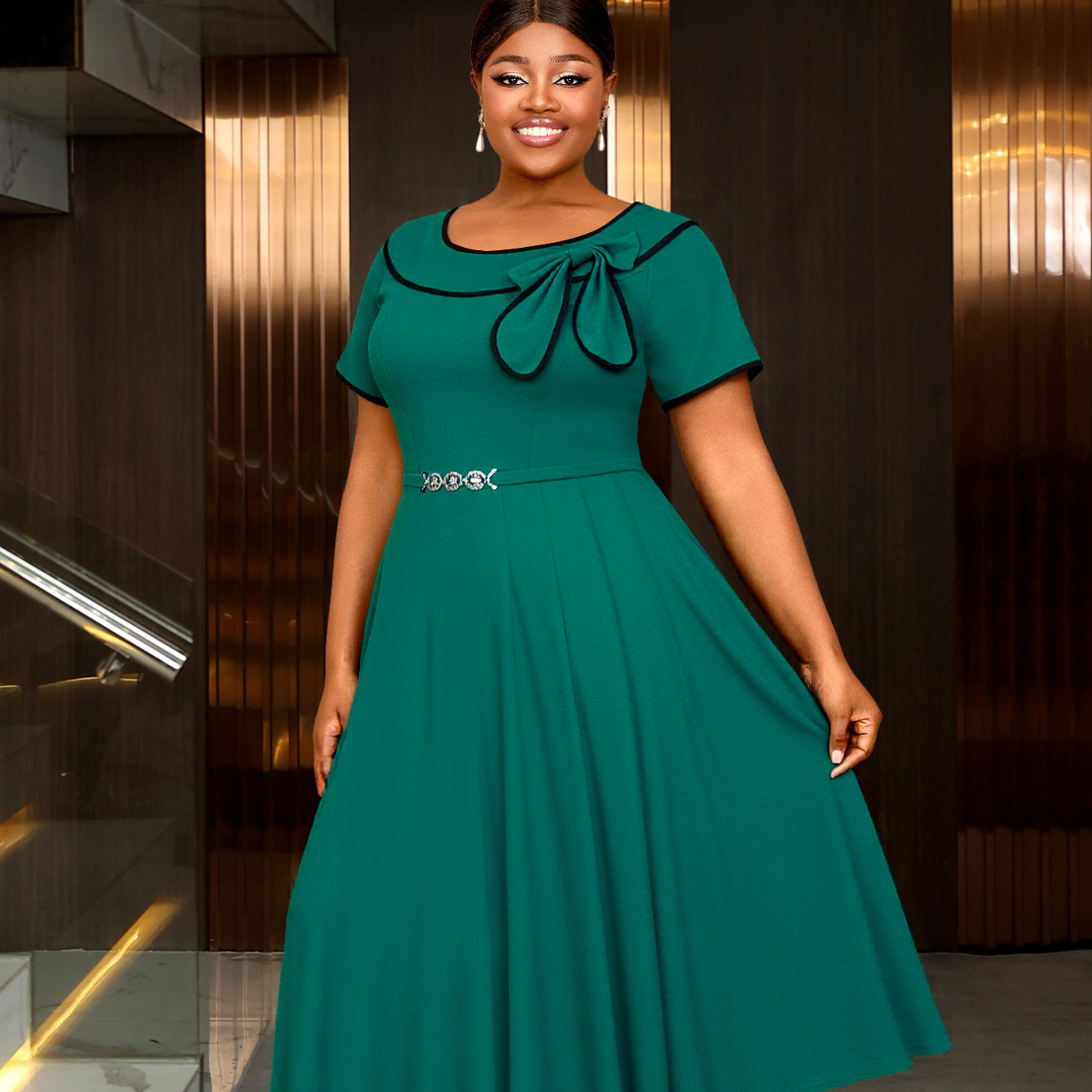 Plus-Sizes Elegant  Midi Dress with Pleated Skirt AM050530	-UGENA FASHION