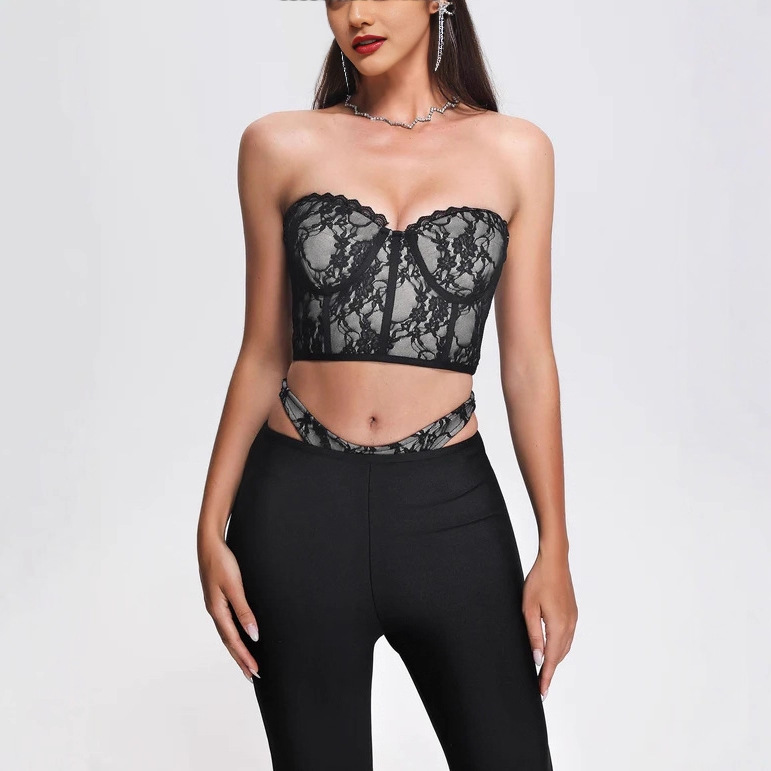 Sexy Black Lace Corset Crop Top & Cutout Bandage Flare Pants Set - Clubwear | Y2K Fashion BA356