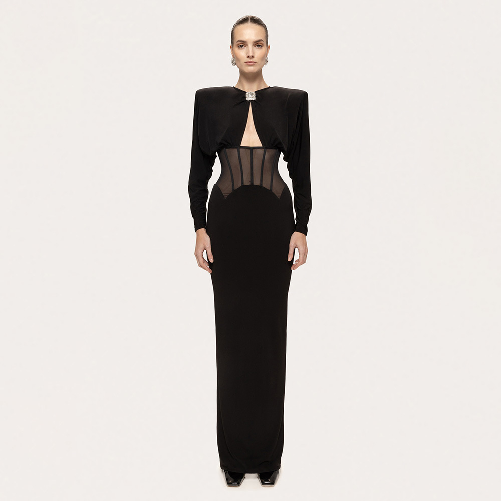 Elegant Black Long Sleeve Corset Maxi Dress - Sexy Cut-Out Waist Mesh Evening Gown with Crystal Buckle Detail BD2663