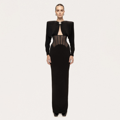 Elegant Black Long Sleeve Corset Maxi Dress - Sexy Cut-Out Waist Mesh Evening Gown with Crystal Buckle Detail BD2663