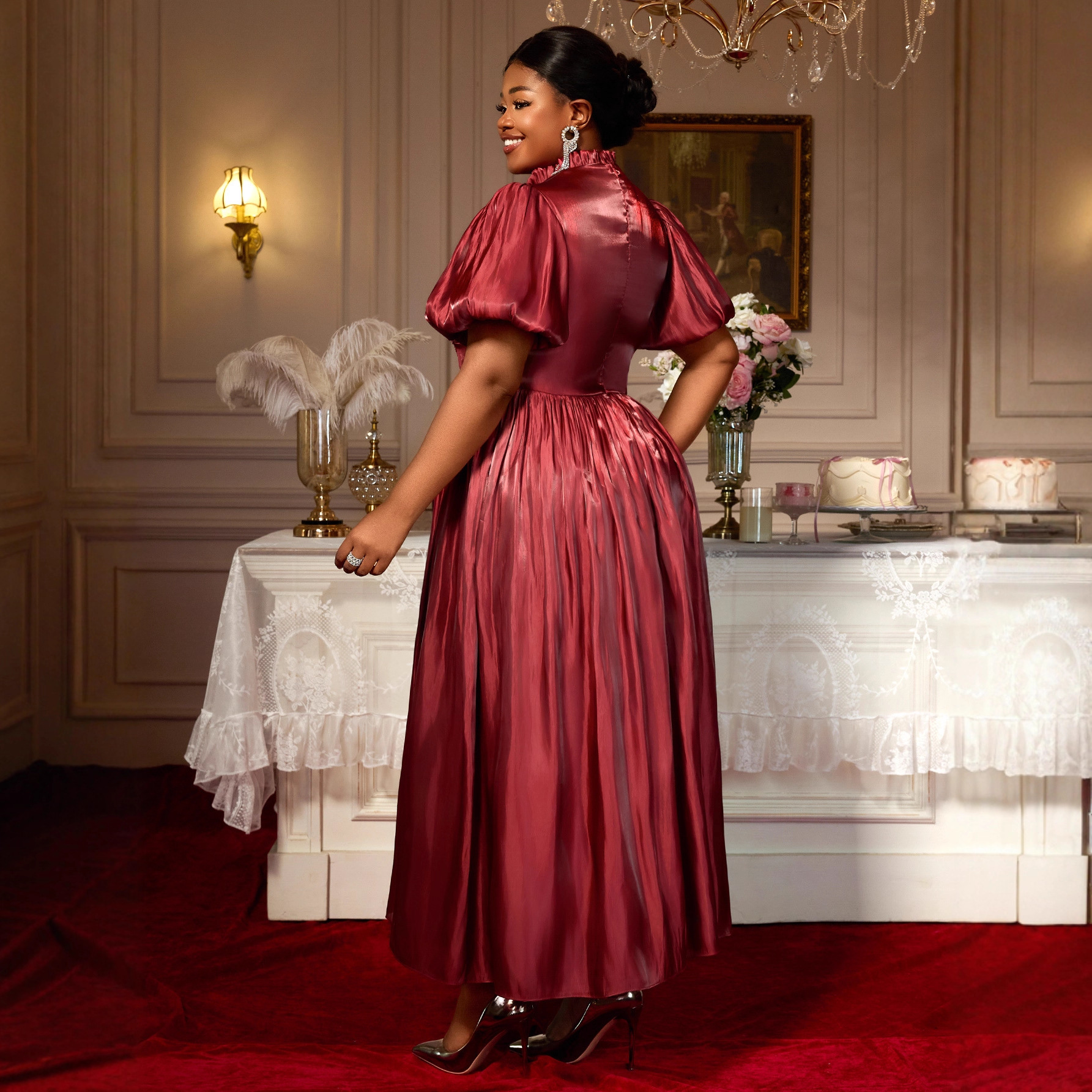 Plus-Sizes Elegant Satin Gown with Puff Sleeves - Sequin Waist Detail AM050429	-UGENA FASHION
