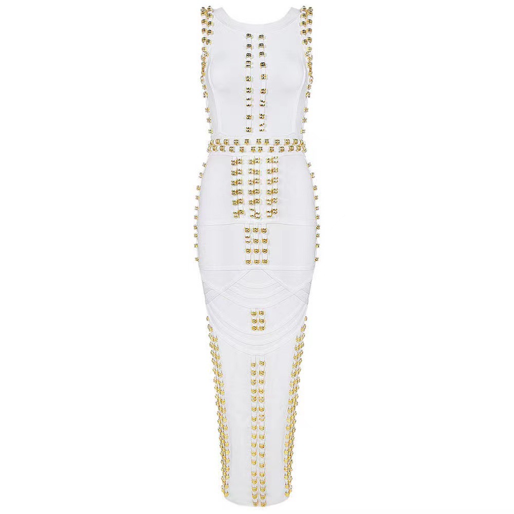Luxury White & Gold Bandage Maxi Dress - Bodycon Gown with Metal Ring Embellishment | Black Tie BA362