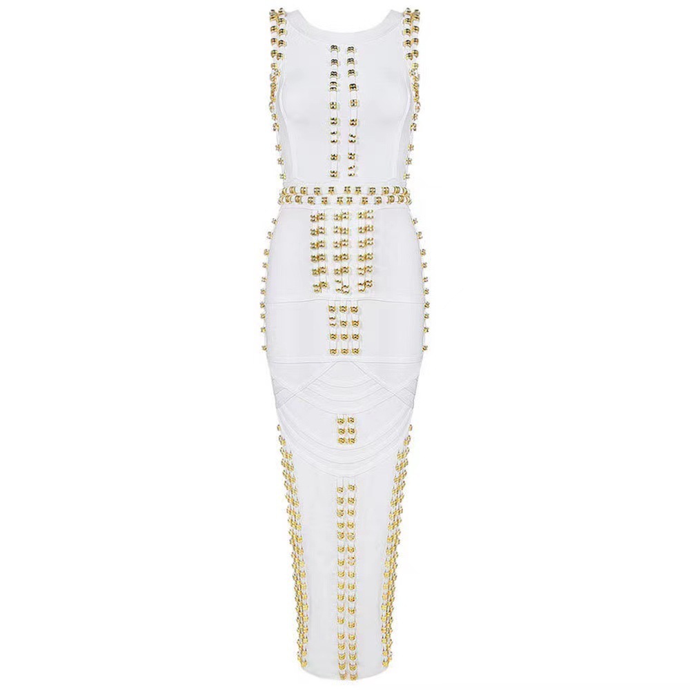 Luxury White & Gold Bandage Maxi Dress - Bodycon Gown with Metal Ring Embellishment | Black Tie BA362