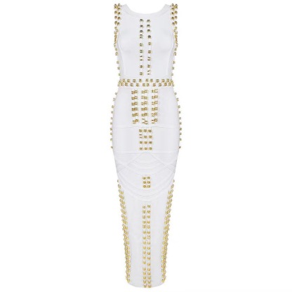 Luxury White & Gold Bandage Maxi Dress - Bodycon Gown with Metal Ring Embellishment | Black Tie BA362
