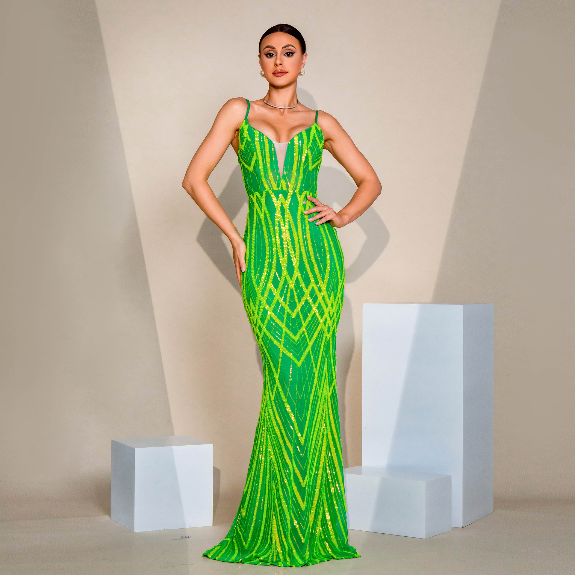 Fluorescent Green Sequin Mermaid Gown with V-Neck & Crisscross Back - Showstopper Prom Dress rj0066
