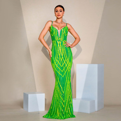 Fluorescent Green Sequin Mermaid Gown with V-Neck & Crisscross Back - Showstopper Prom Dress rj0066