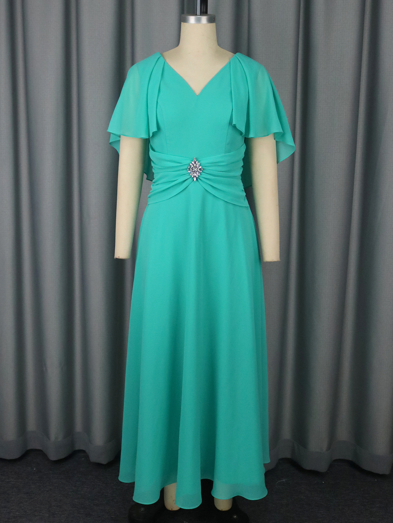 Plus-Sizes Elegant V-Neck Chiffon Dress with Rhinestone Detail AM050534	-UGENA FASHION