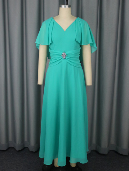 Plus-Sizes Elegant V-Neck Chiffon Dress with Rhinestone Detail AM050534	-UGENA FASHION