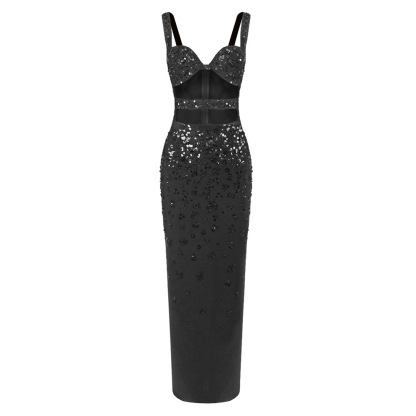 Black Gem Embellished Cutout Maxi Gown - Strappy Beaded Formal Party Dress BD2661