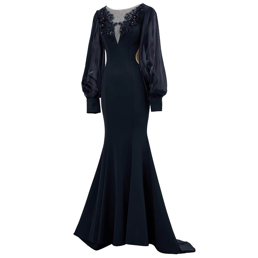 Black Statement Puff Sleeve Mermaid Gown | Beaded V-Neck Illusion Formal Dress qc15