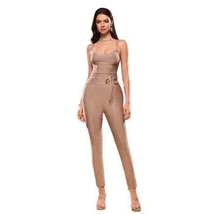 Nude Bandage Bodycon Jumpsuit - Drawstring Waist Sleeveless Jumpsuit with Ankle Zippers BD028