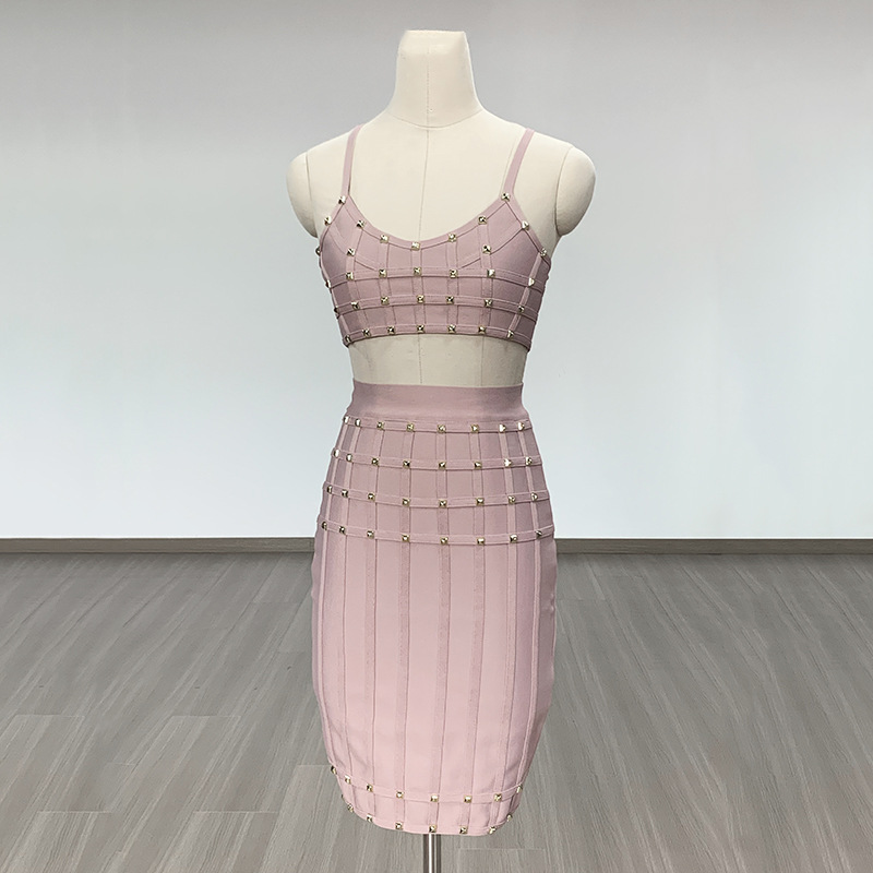 White & Gold Studded Bandage Crop Top & Midi Skirt Set - Two Piece Bodycon Clubwear BA363