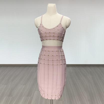 White & Gold Studded Bandage Crop Top & Midi Skirt Set - Two Piece Bodycon Clubwear BA363