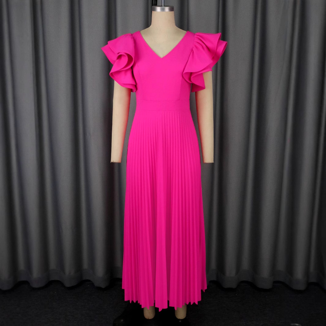 Plus-Sizes V-Neck Ruffle Sleeve Pleated A-Line Maxi Dress - Elegant Solid Pink Party Gown AM050446	-UGENA FASHION