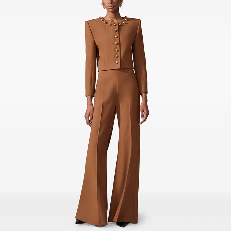 Chic Brown Cropped Blazer & Wide Leg Trousers Set - Gold Button 3082